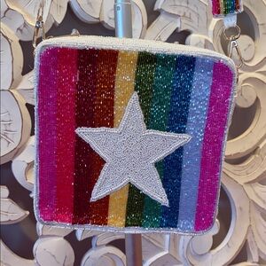 Beaded Star Crossbody Bag Rainbow colors shoulder strap.